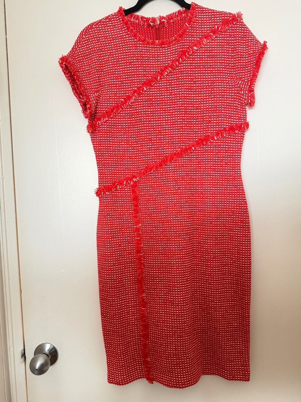 St. John Red Textured Fringe-Trim Knit Dress